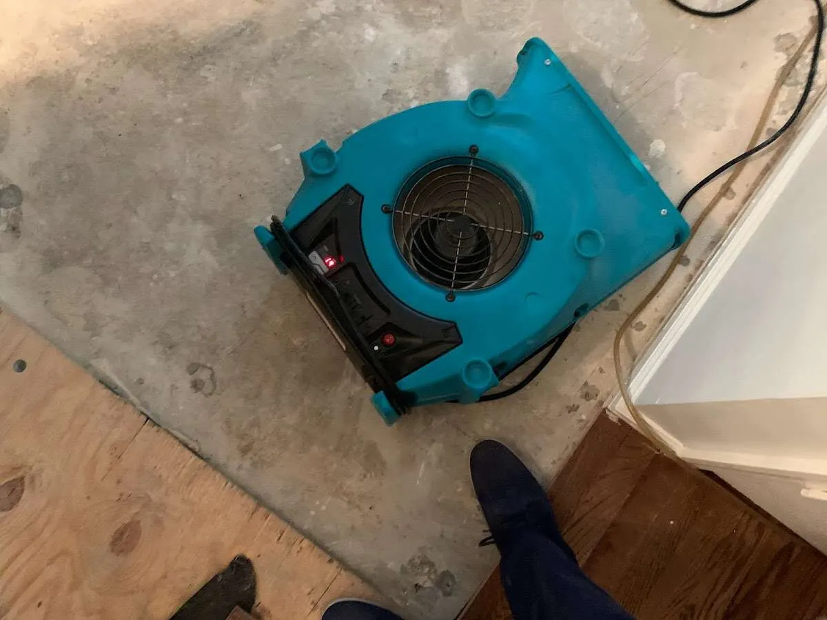 Air mover drying subfloor during Commercial Water Damage Restoration in Waltham
